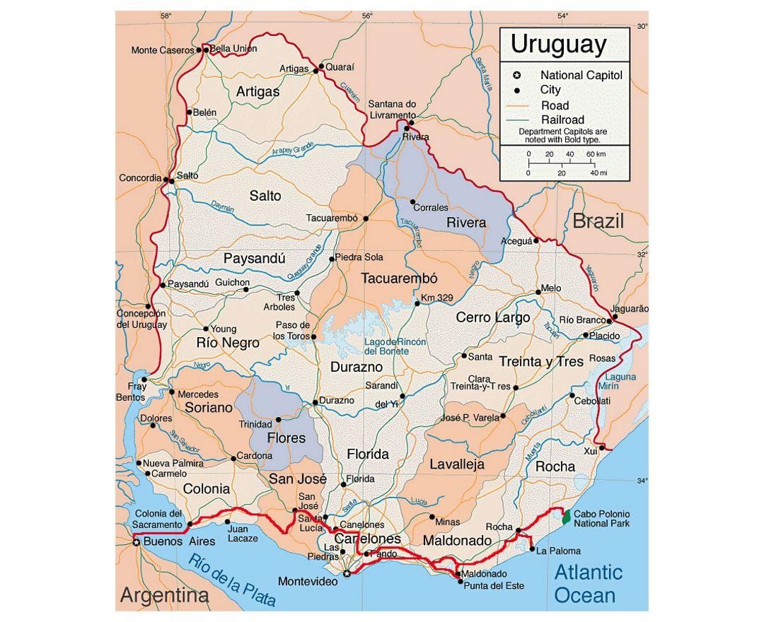 Карта Уругваю з міста